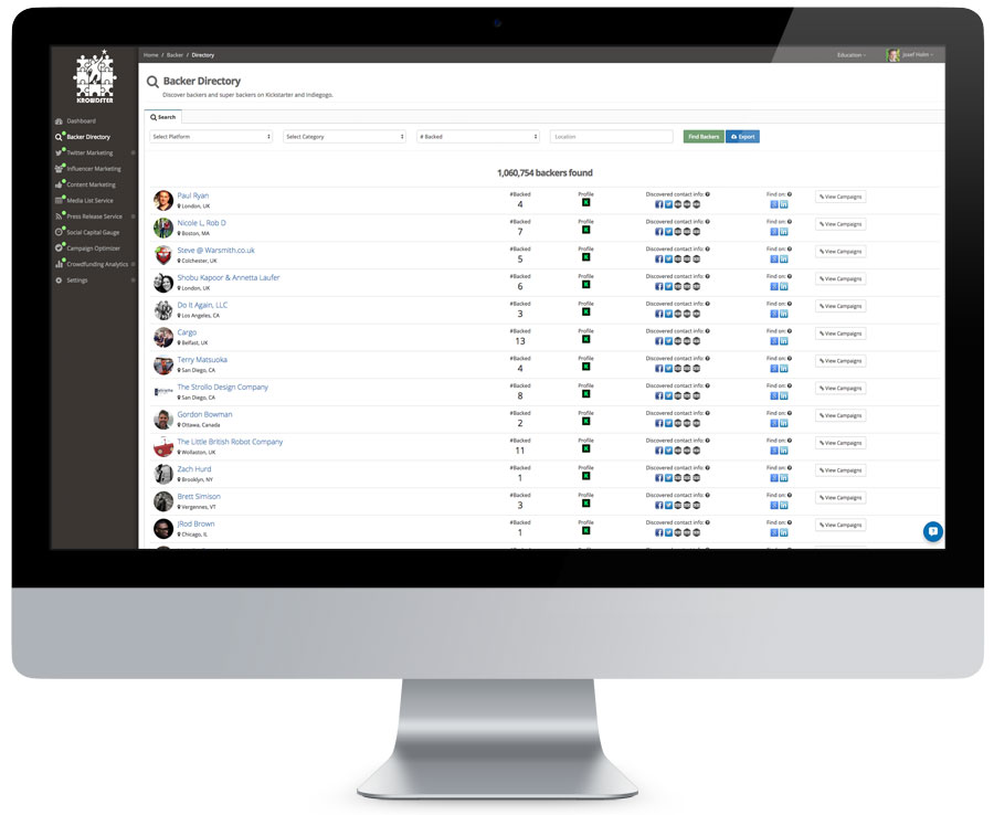 Crowdfunding Backer Directory