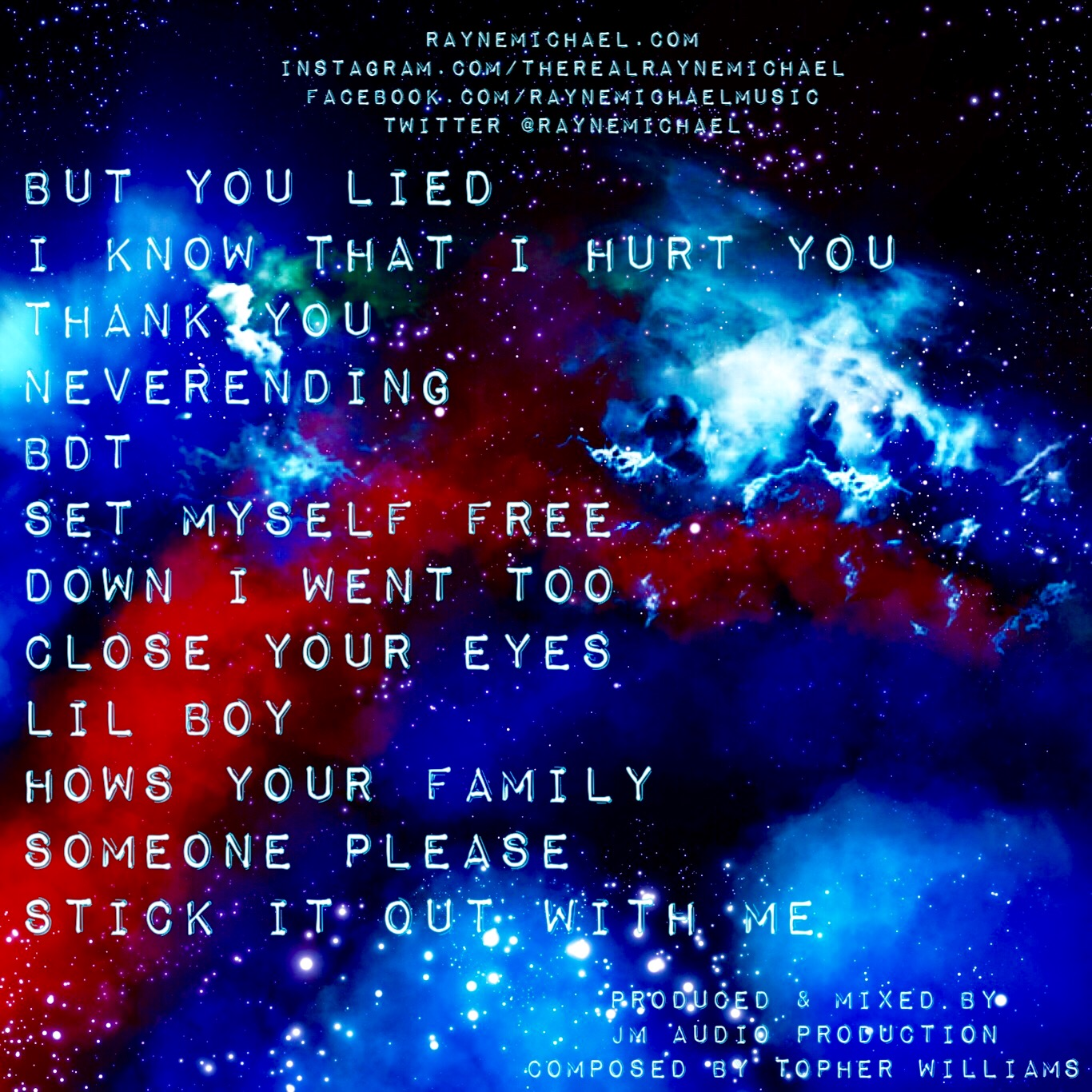 Song titles on debut album by Rayne Michael.'