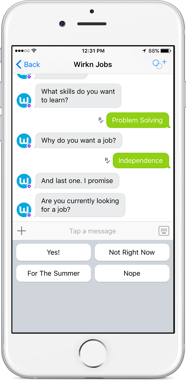 Wirkn Jobs Bot on Kik iOS Screen Shot_PersonalityTest'