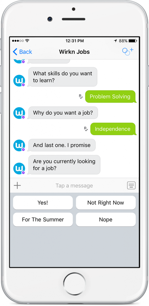 Wirkn Jobs Bot on Kik iOS Screen Shot_PersonalityTest'