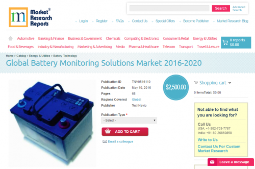 Global Battery Monitoring Solutions Market 2016 - 2020'