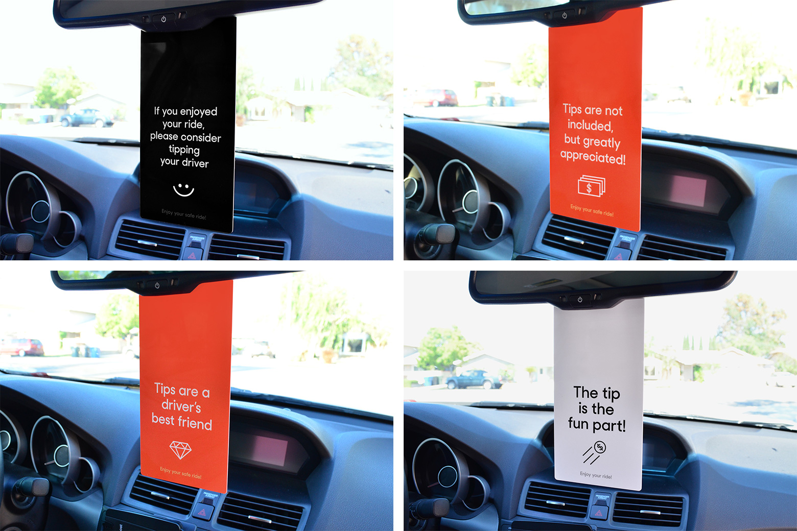 Rideshare Supplies hang signs increase tips.