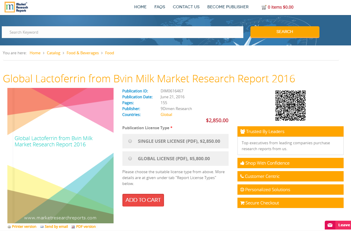 Global Lactoferrin from Bvin Milk Market 2016'