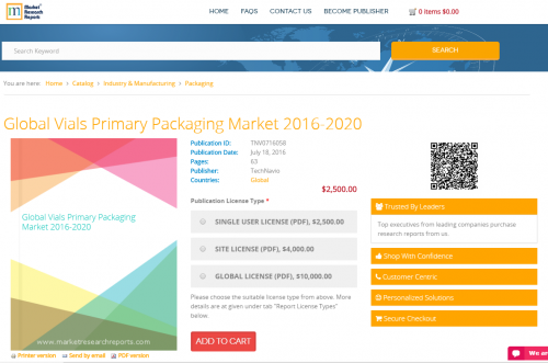 Global Vials Primary Packaging Market 2016 - 2020'