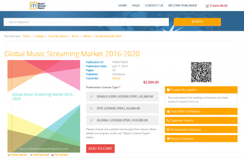 Global Music Streaming Market 2016 - 2020'