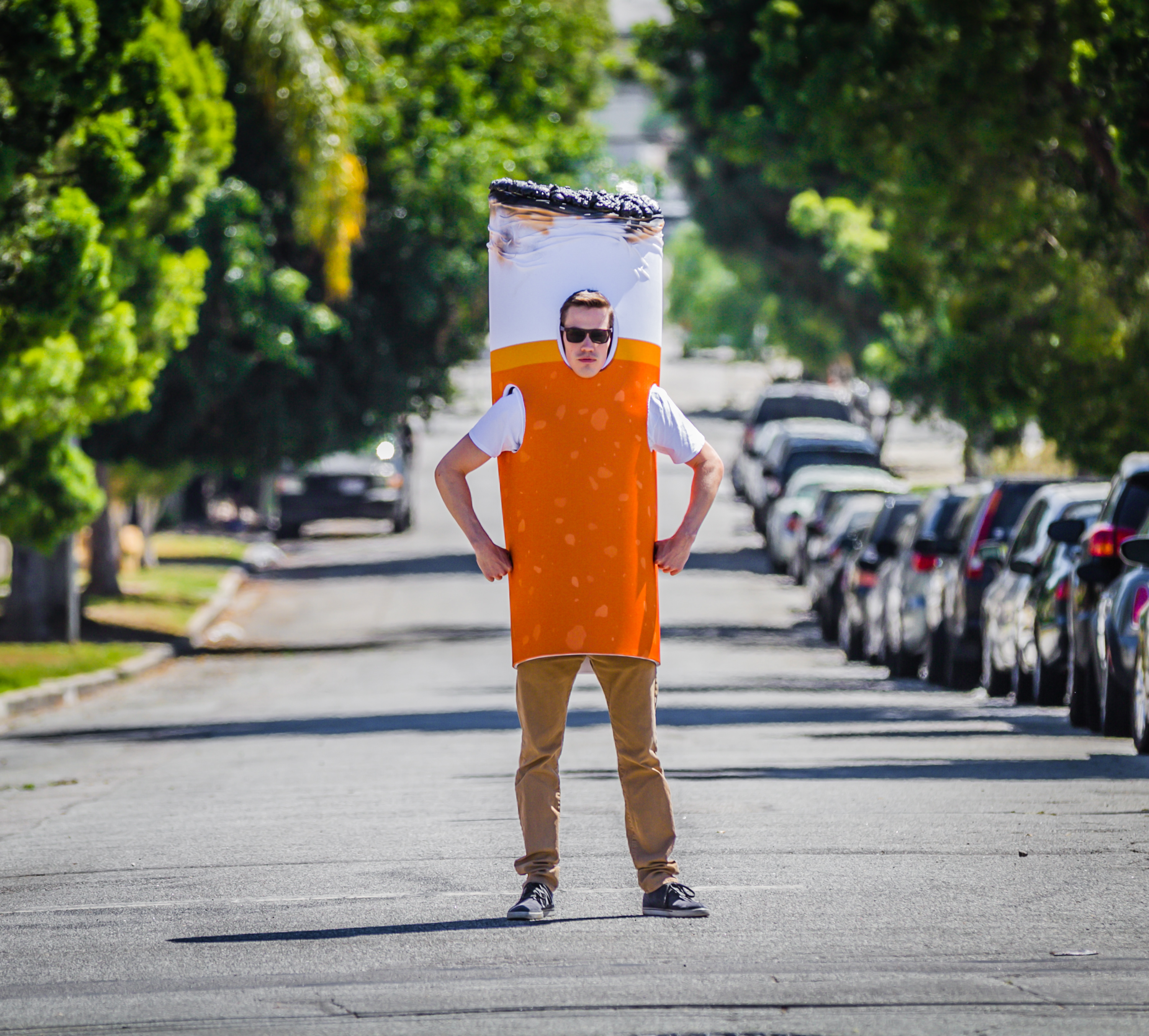 Luke Cheney wearing the Cigarette Stu costume