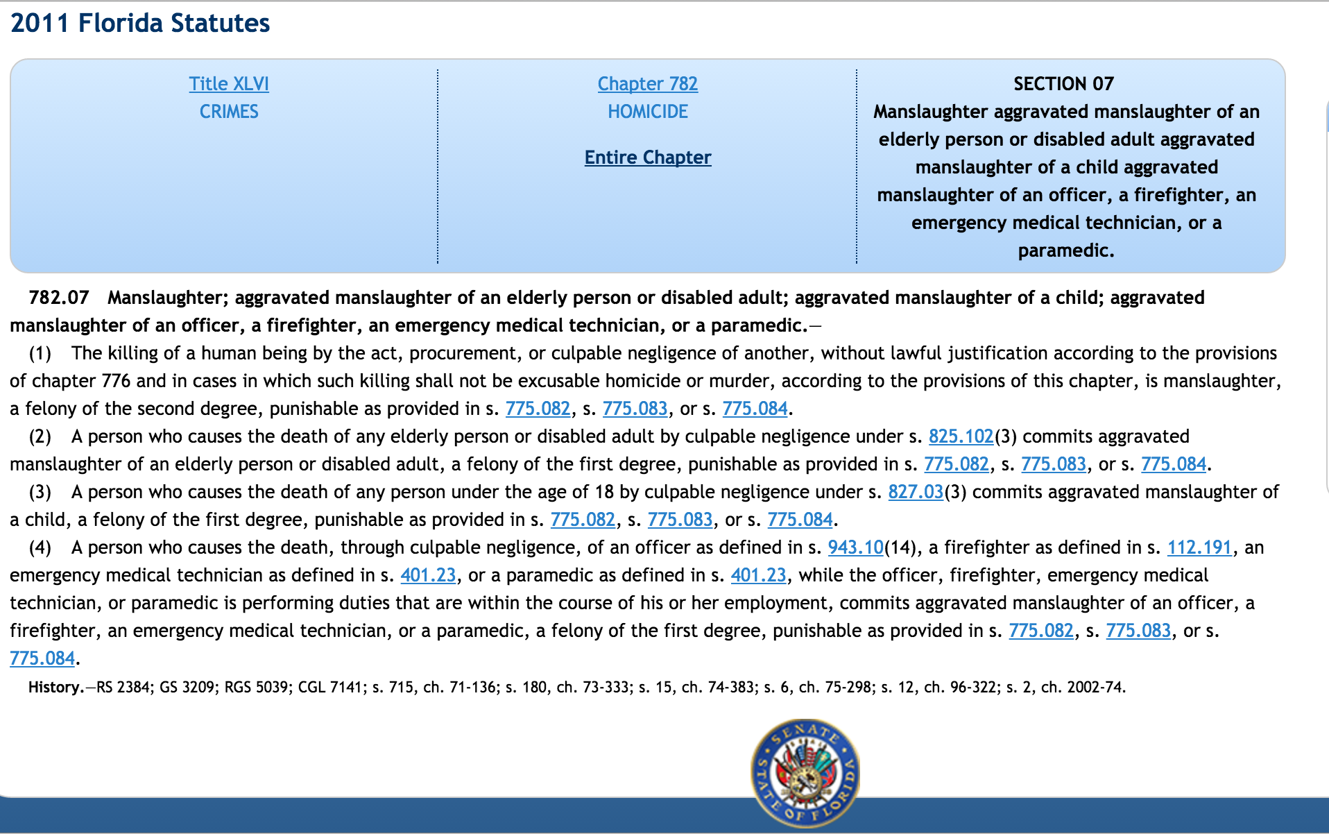 Florida Statute on Involuntary Manslaughter