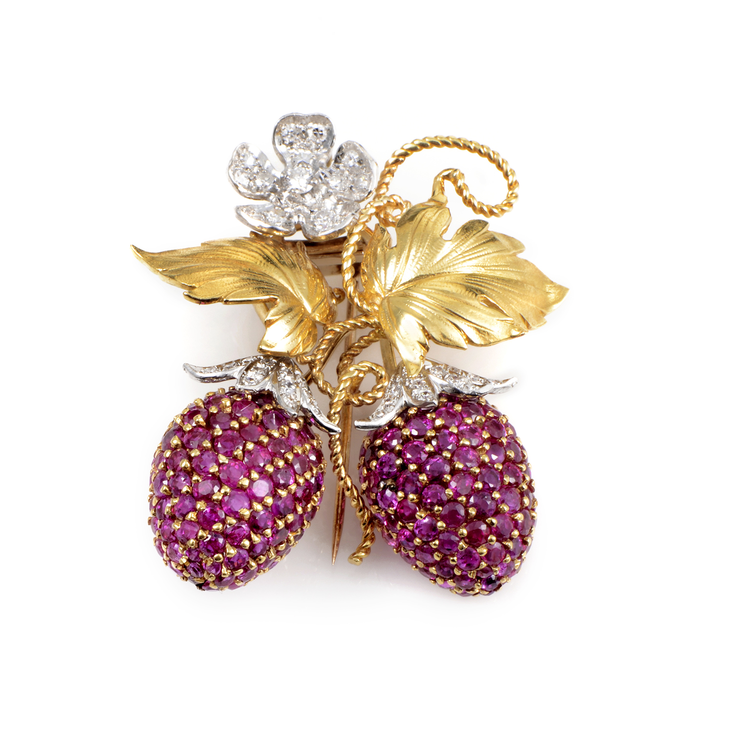 Platinum 18K Yellow Gold Diamond and Ruby Berry Brooch'