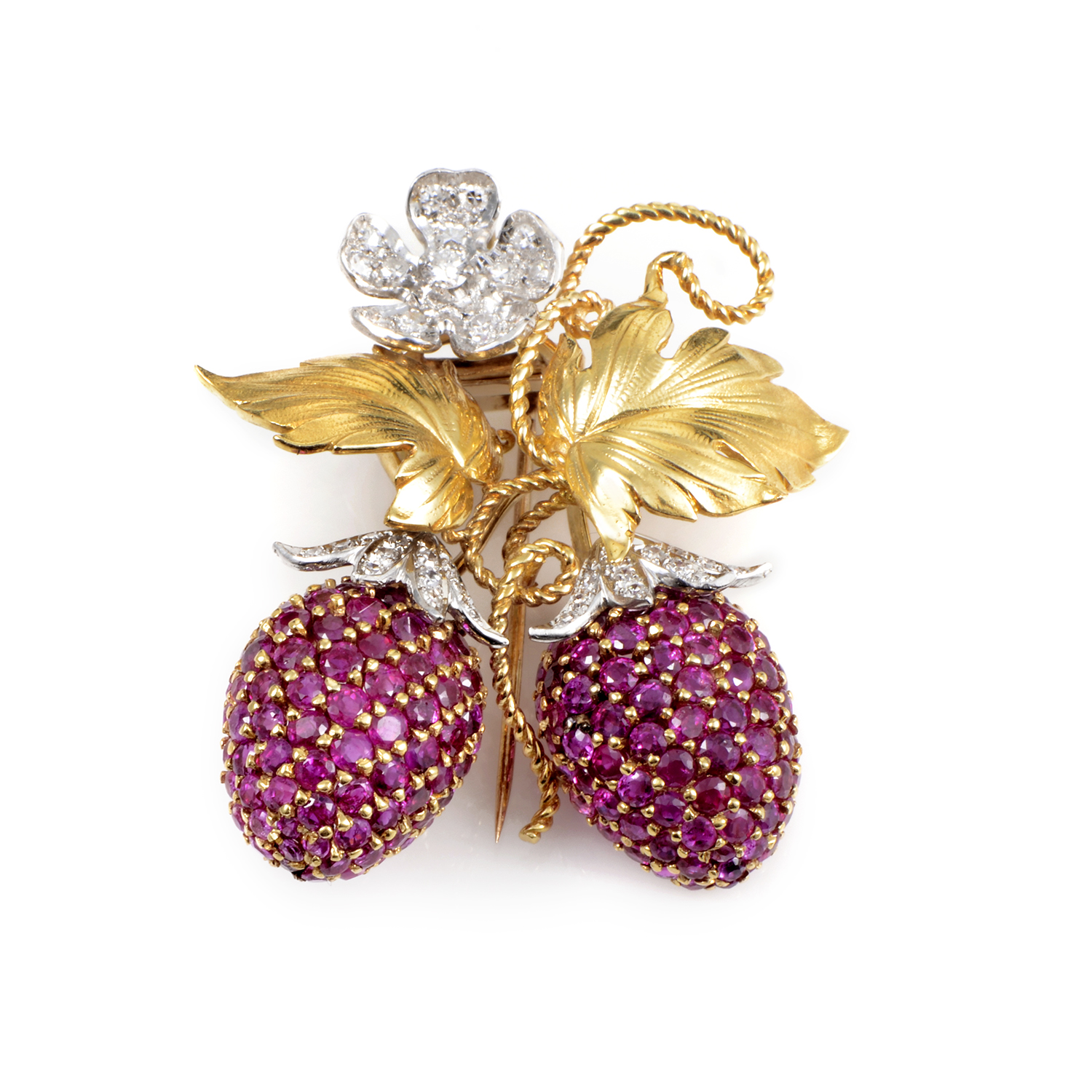Platinum 18K Yellow Gold Diamond and Ruby Berry Brooch