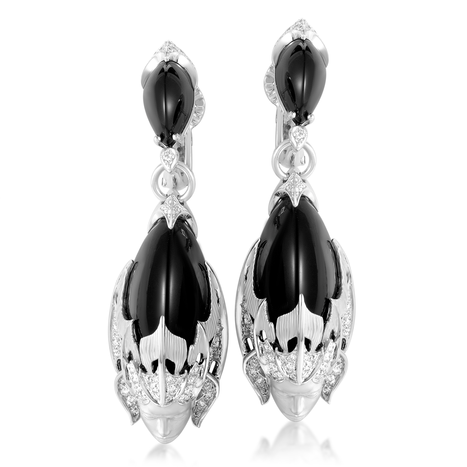 18K White Gold Diamond &amp; Onyx Dangle Earrings by Mag'