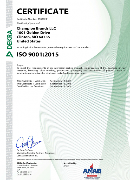 Champion Brands, LLC Achieves Newest ISO 9001-2015 Certifica'