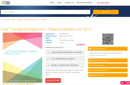 Liver Transplant Rejection - Pipeline Review, H2 2016'
