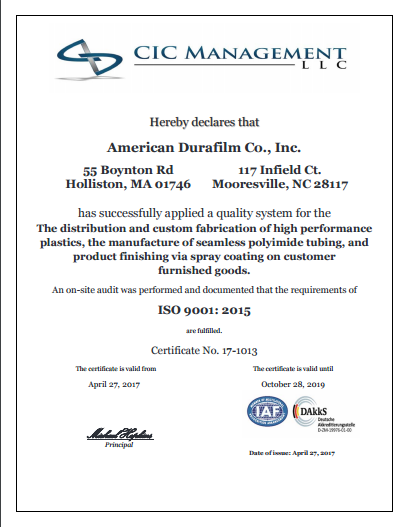 American Durafilm Awarded ISO 9001: 2015 Certification'