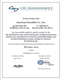 American Durafilm Awarded ISO 9001: 2015 Certification