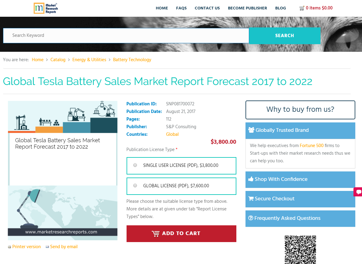 Global Tesla Battery Sales Market Report Forecast 2022'