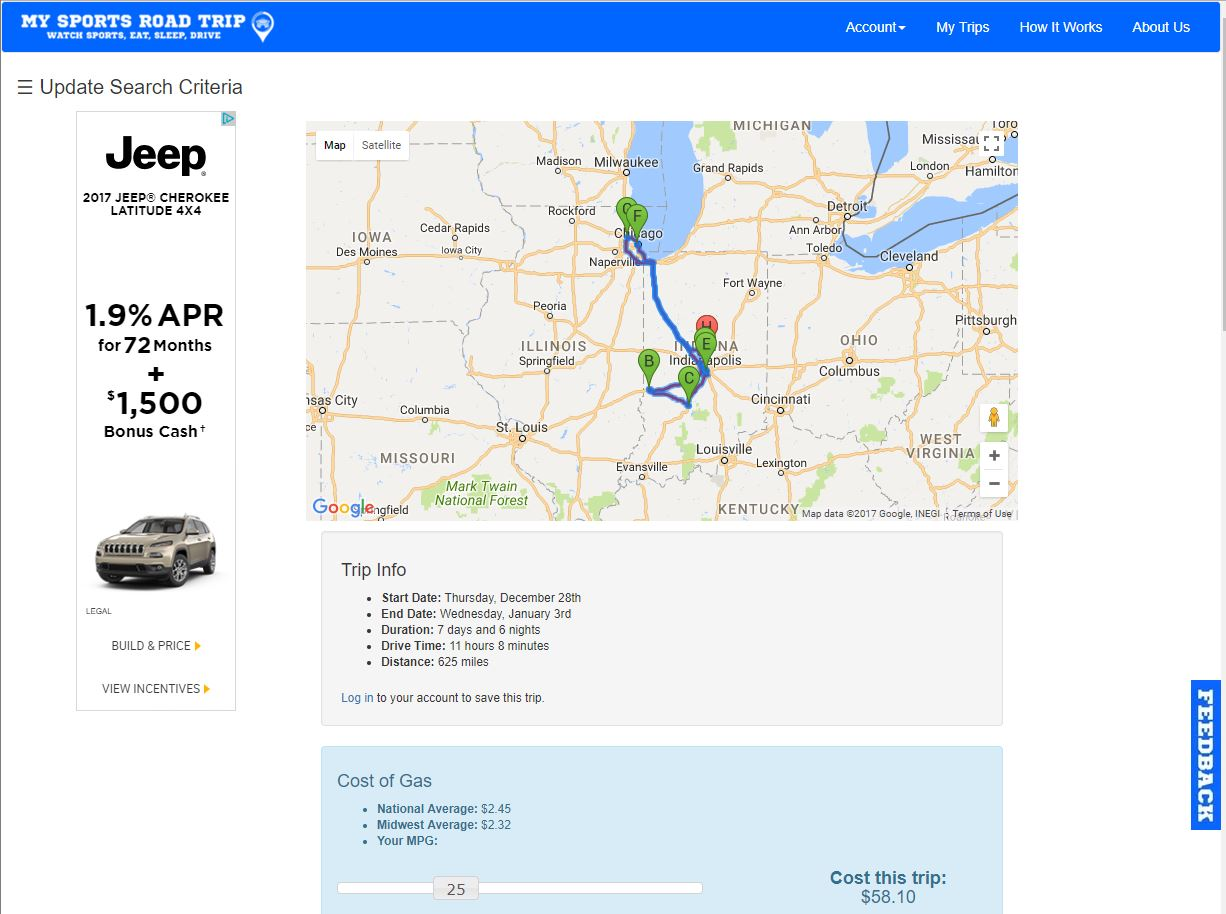 My Sports Road Trip - Sample Route and Info'