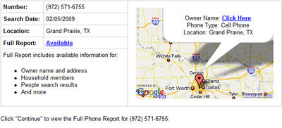 Phone Detective sample cell phone number trace.'