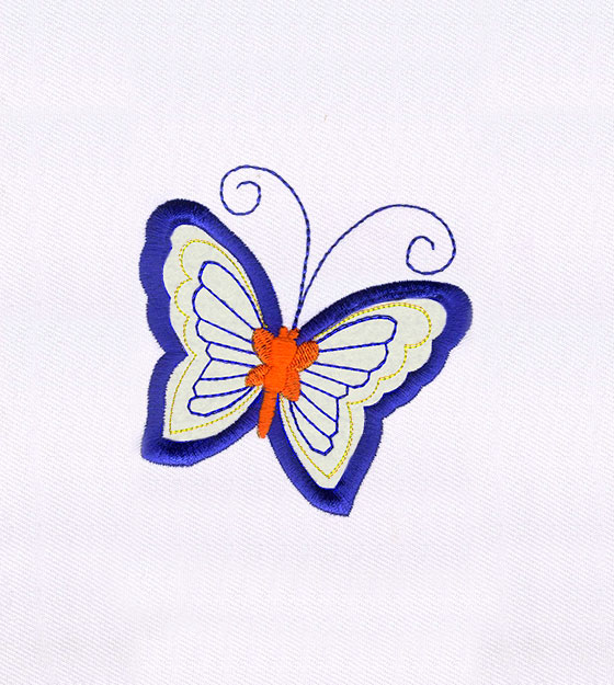 BLUE AND ORANGE BUTTERFLY APPLIQUE EMBROIDERY DESIGN Logo