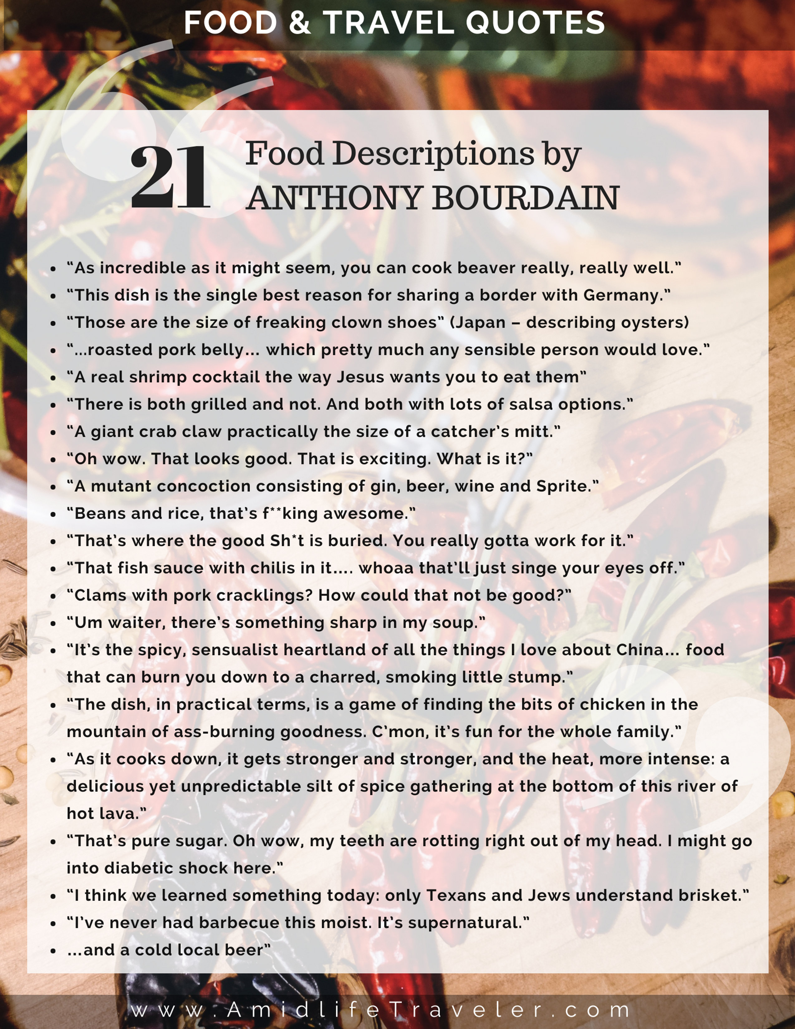 21 Food Descriptions / Quotes heard from Anthony Bourdain