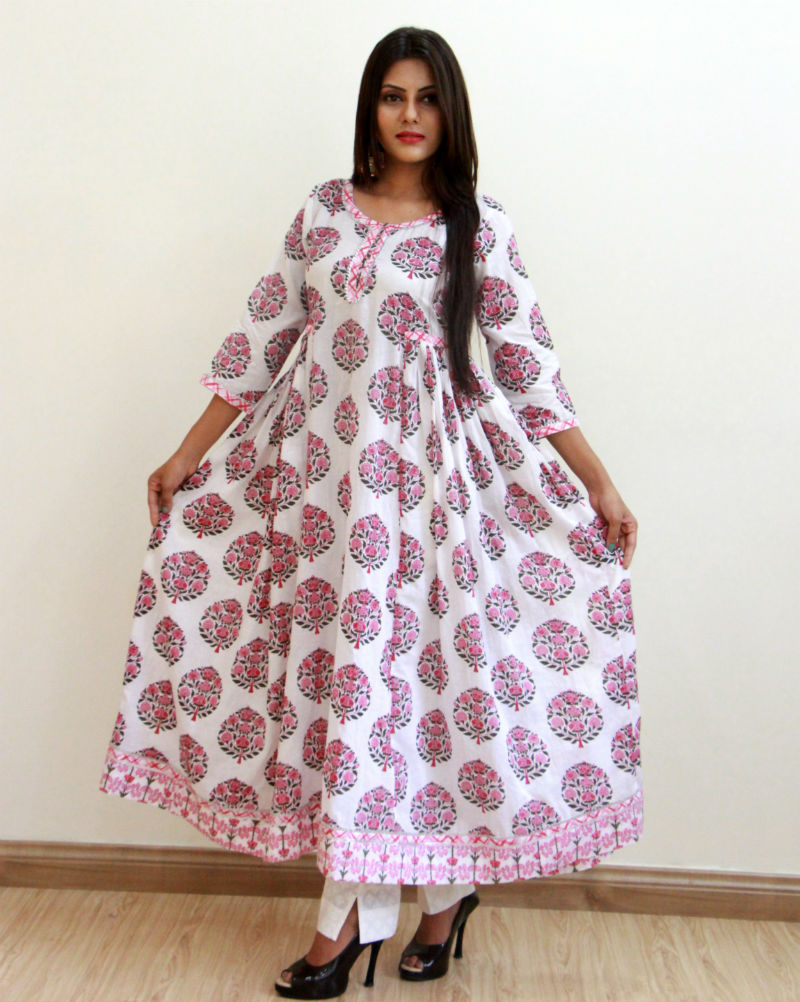 White and Pink Hand Block Mughal Print Kurta'