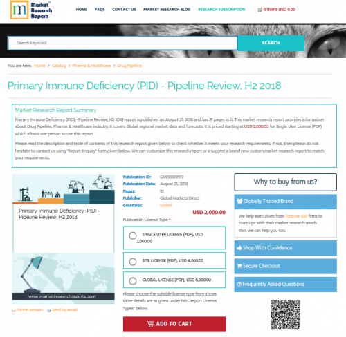 Primary Immune Deficiency (PID) - Pipeline Review, H2 2018'
