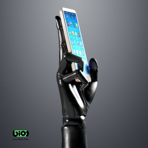 Robotic Hand BIOT holding smartphone.'
