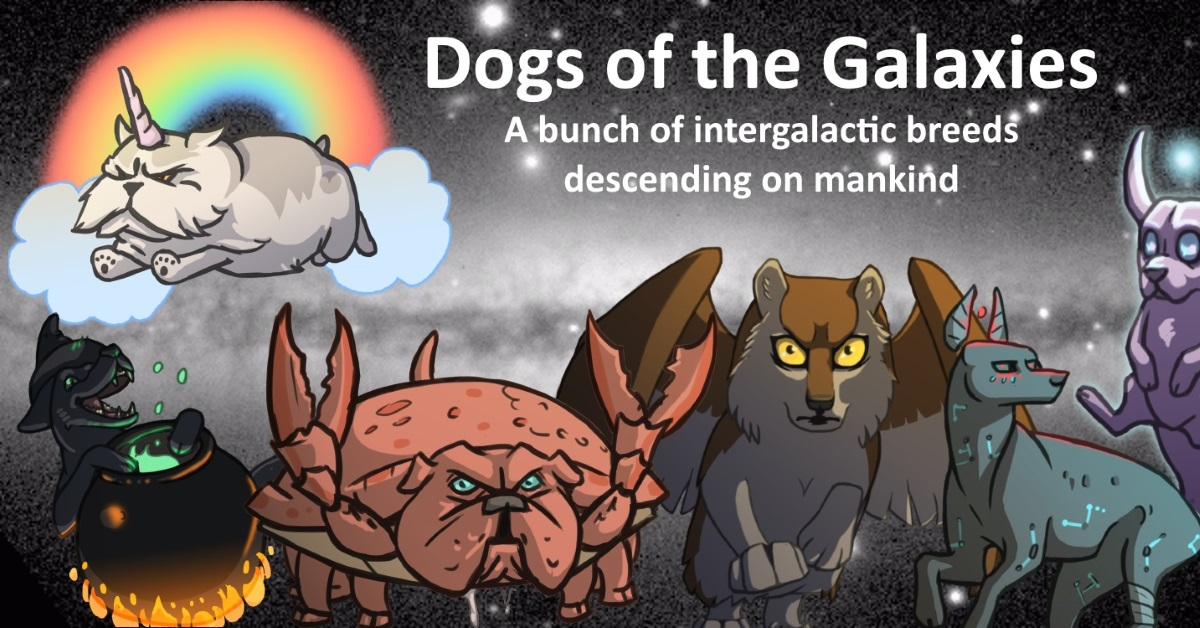 Some dogs from the Dogs of the Galaxies card game.'