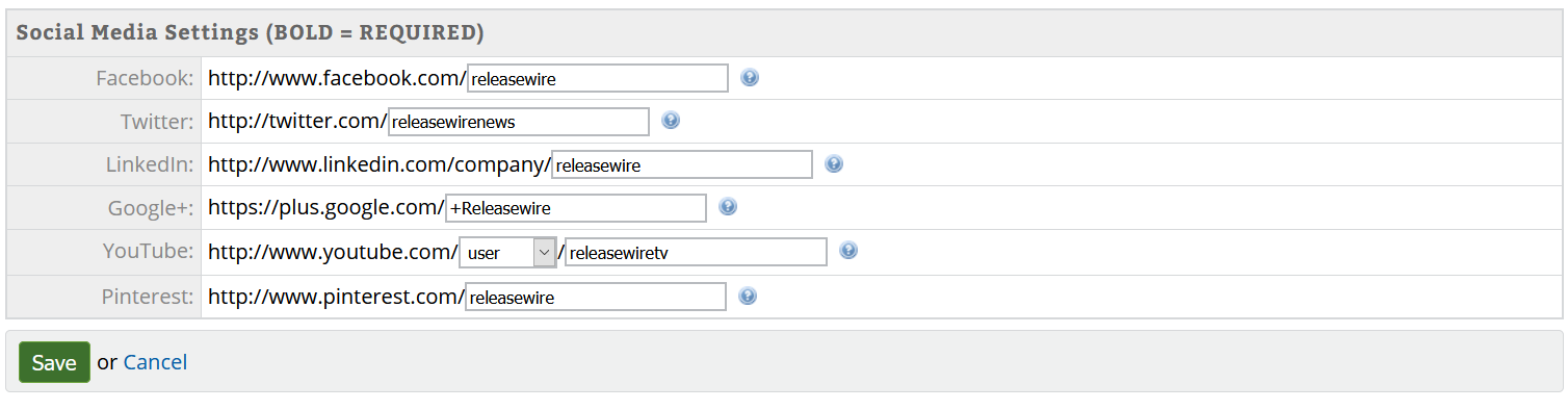 ReleaseWire Connect - Social Media Settings'
