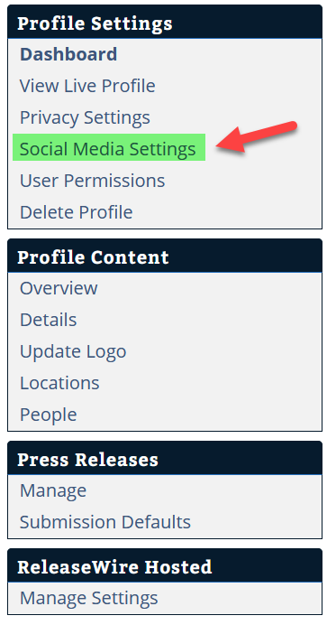 ReleaseWire Connect - Social Media Settings Menu'