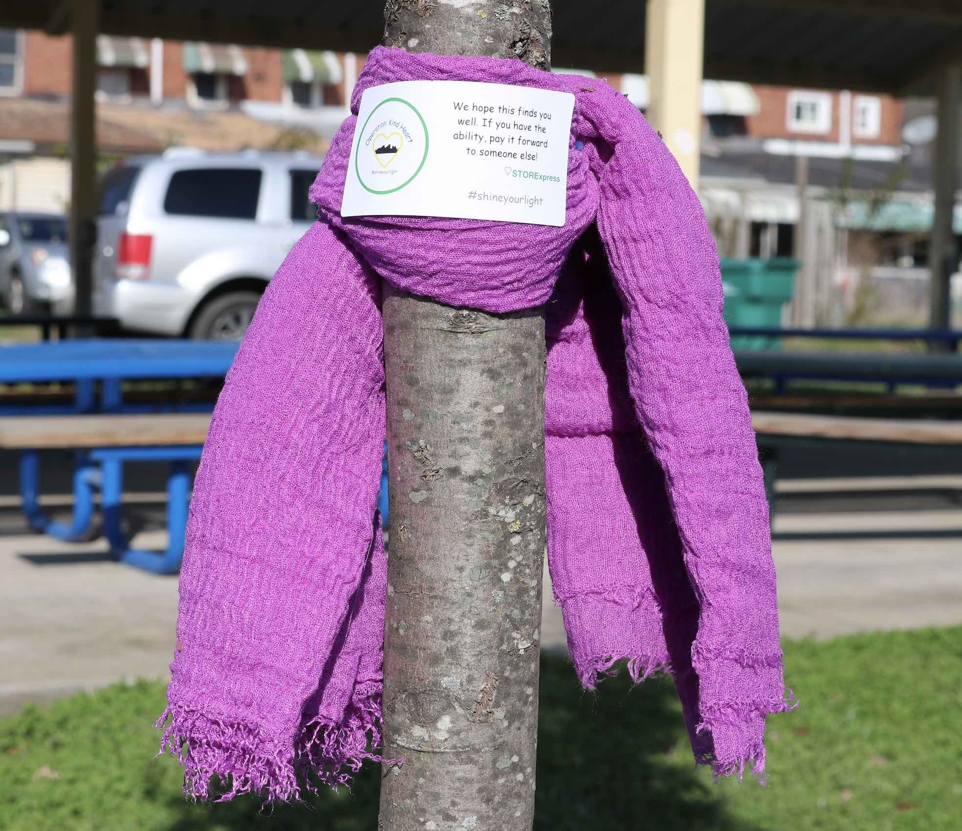 STORExpress employees dropping off scarves in the park.