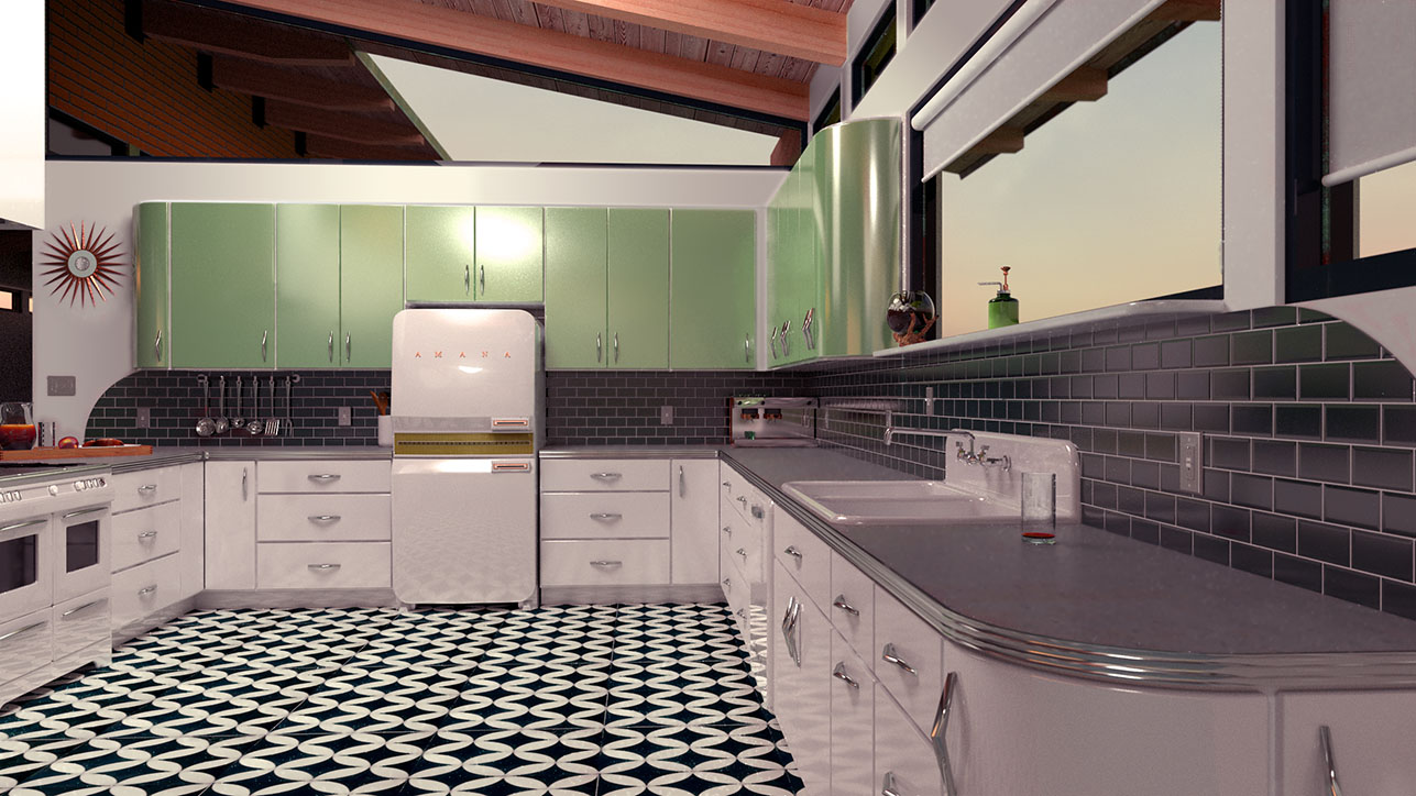 Two-toned metal cabinets with beautiful vintage appliances c