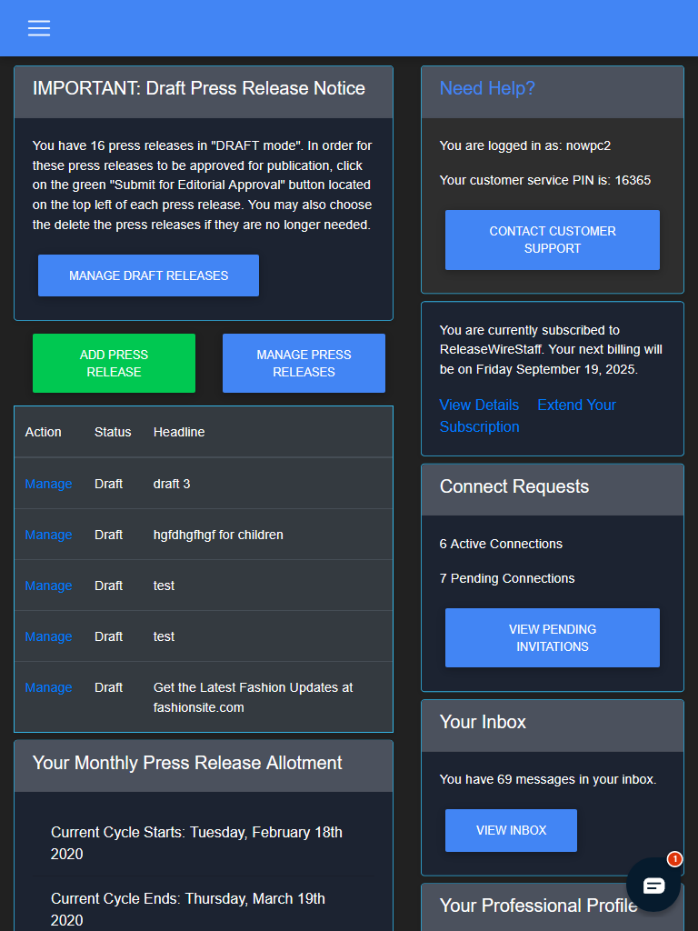 ReleaseWire 2020.1 - Account Manager Dark Mode / Tablet'