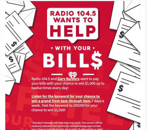 Gary Barbera and Radio 104.5 Want to Pay Your Bills for a Ch'