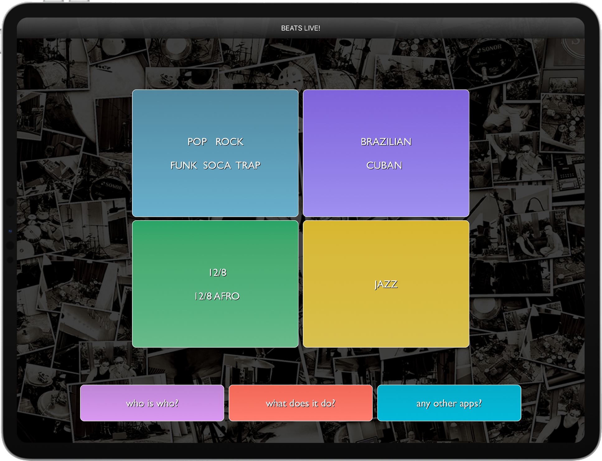 Beats Live! iPad menu'