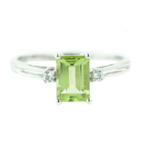 Emerald Cut Peridot Ring - 14K White Gold'