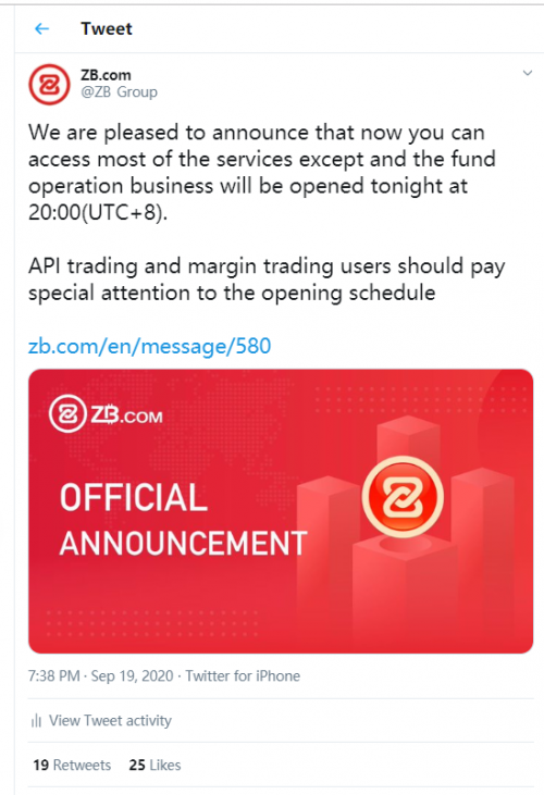 Major crypto exchange ZB.com has announced a full resumption'