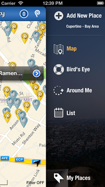 Placety Menu and Map &ndash; showing Place Markers and the v'