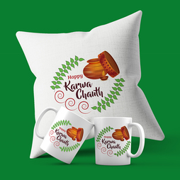 Happy Karwa chauth Mugs and Cushion Set'