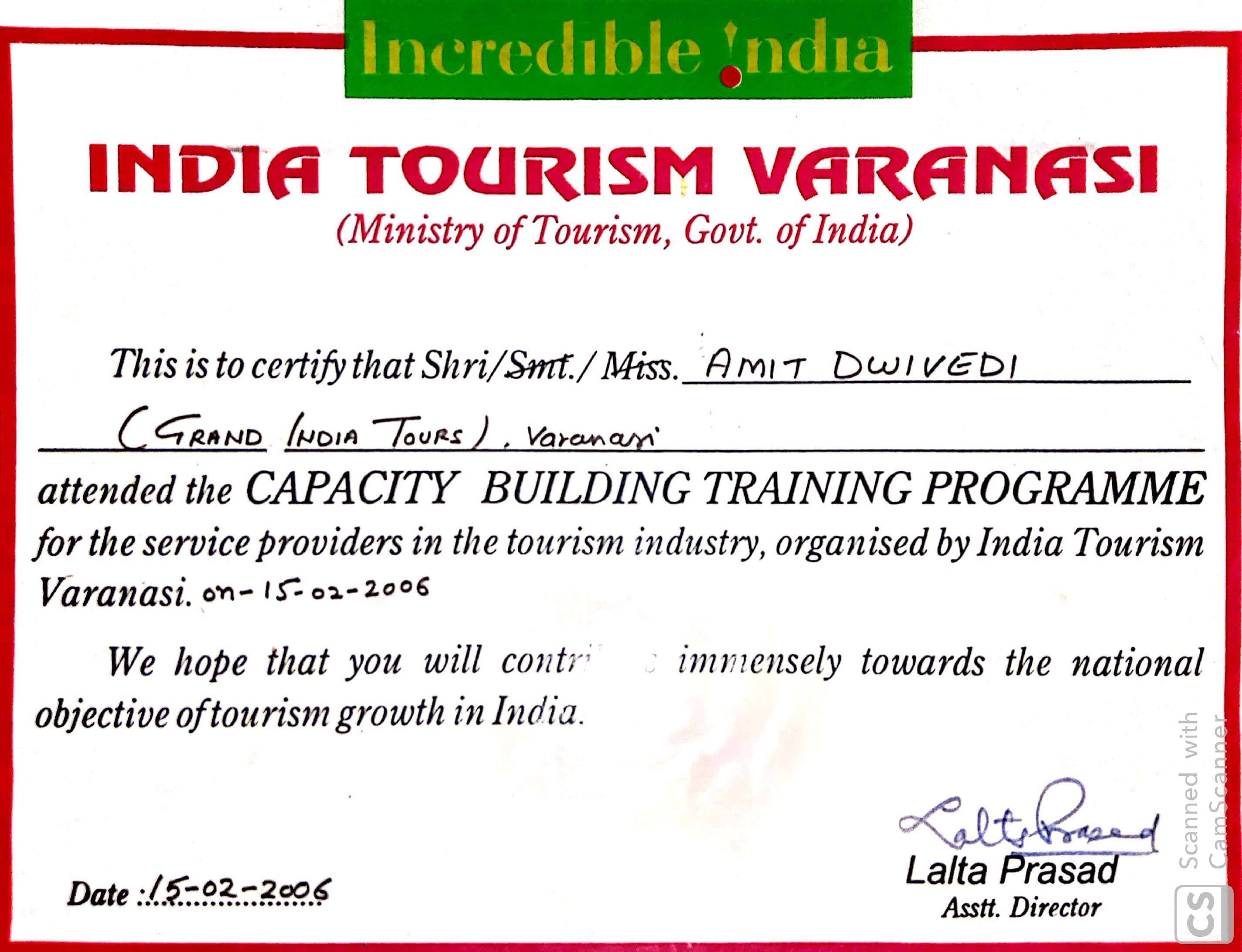 INDIA TOURISM CAPICITY BUILDING TRAINING CIRTIFICATE'