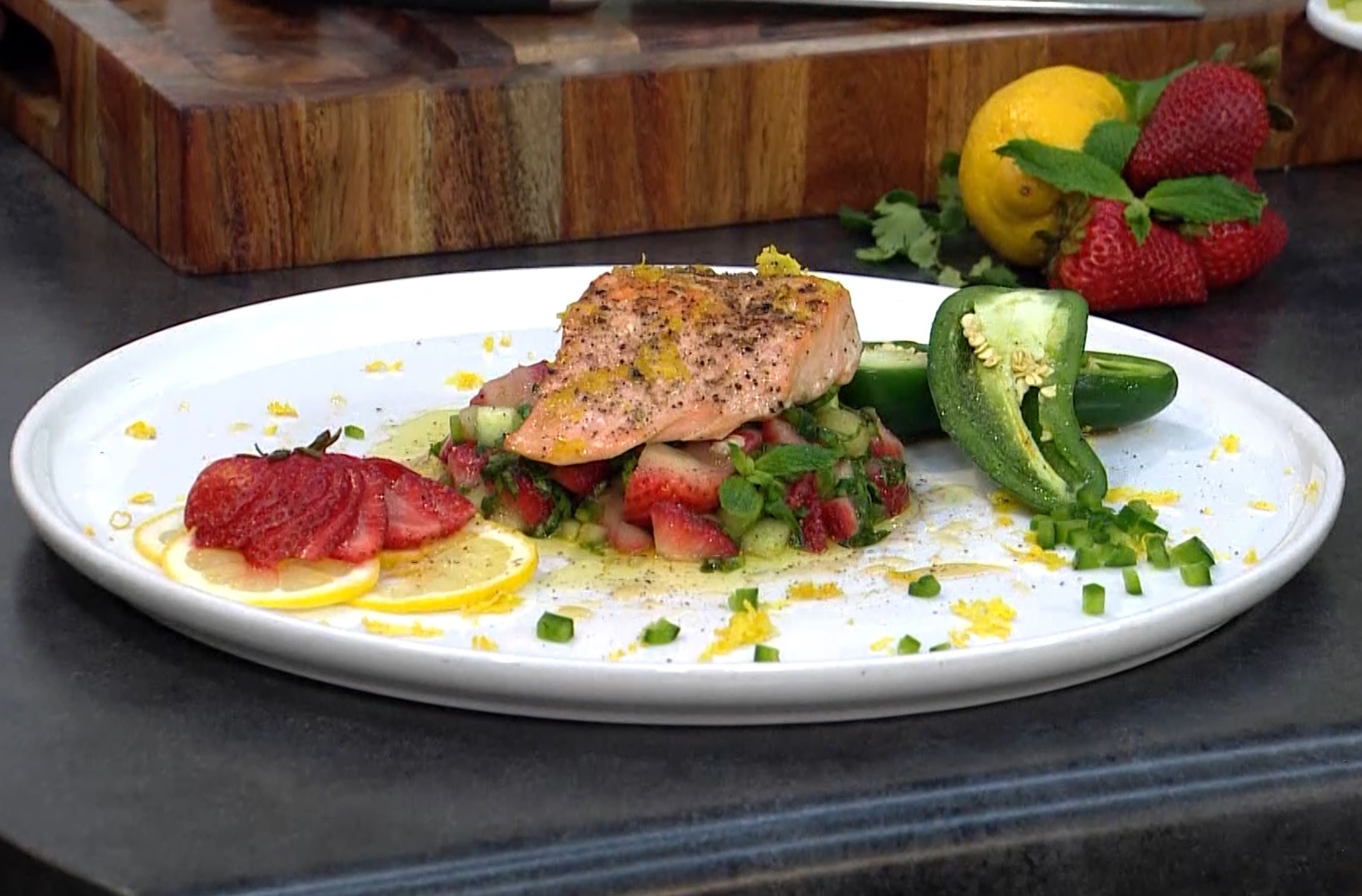 Baked Salmon with Spinach Strawberry Salsa