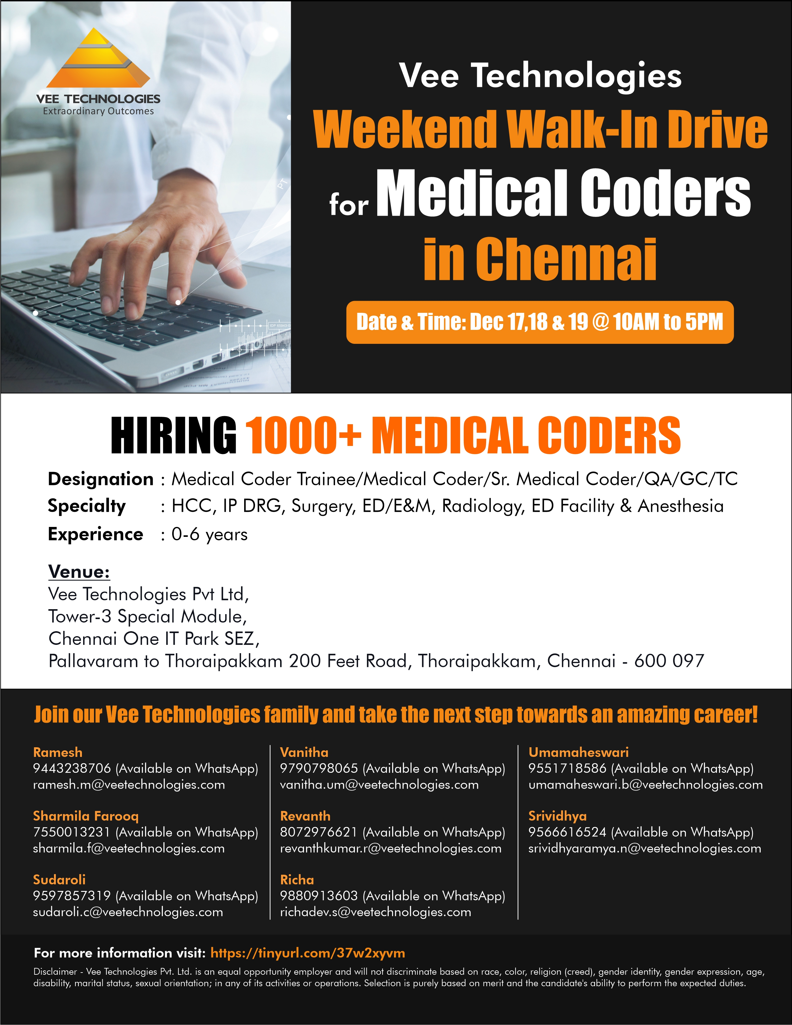 Walk-In Drive for Medical Coders @Vee Technologies, Chennai'