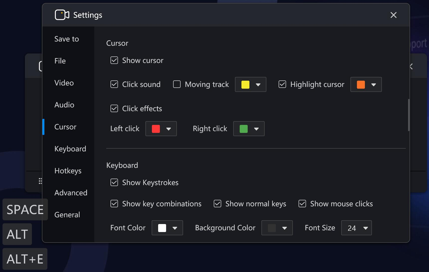 RecMaster Screen Recorder - Settings-cursor & keystr