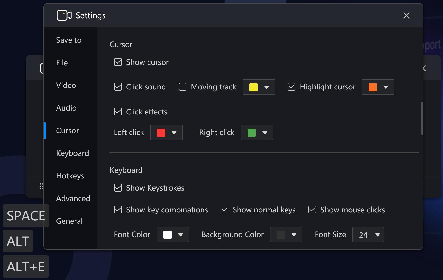 RecMaster Screen Recorder - Settings-cursor & keystr'