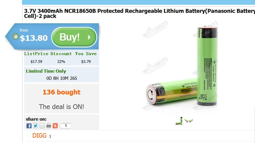 Group buy 18650B protected Battery, 13.8$+free tracking numb'