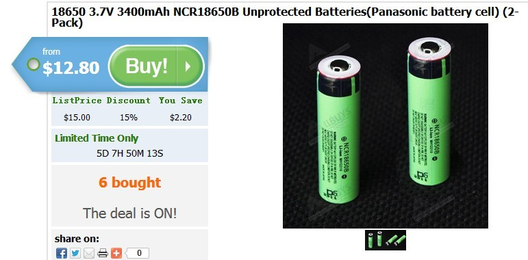 Panasonic NCR18650B 3400mAh Unprotected Button Top: $12.80'