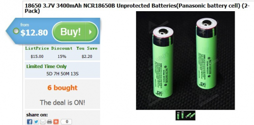 Panasonic NCR18650B 3400mAh Unprotected Button Top: $12.80'