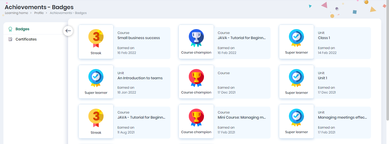 Achievements Leraner Dashboard'
