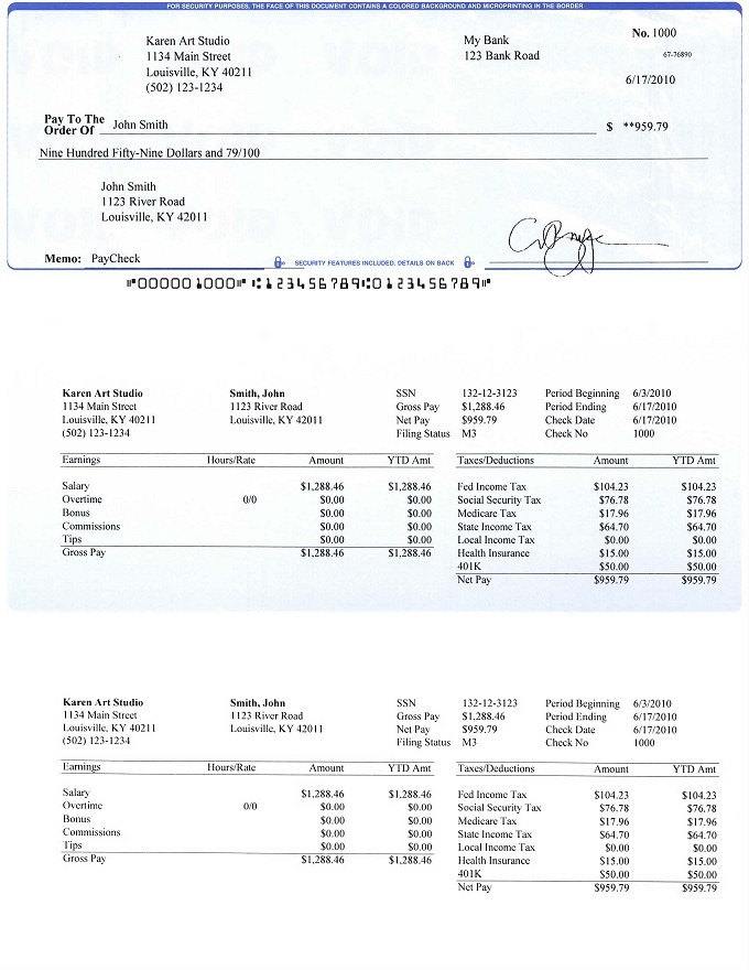 Paycheck with stubs printed by ezPaycheck payroll software'