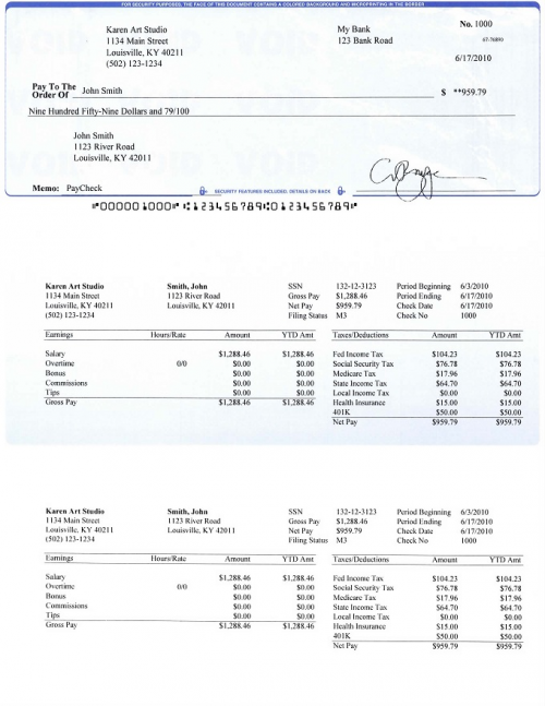 Paycheck with stubs printed by ezPaycheck payroll software'