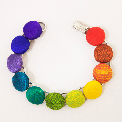 Rainbow Button Bracelet handmade from Dupioni silk scraps.'